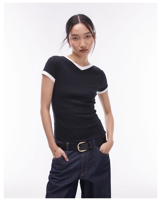 Everyday - t-shirt long à col v et bords contrastants TOPSHOP en coloris Black