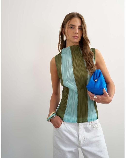 TOPSHOP Blue Stripe Plisse Grown On Neck Tank