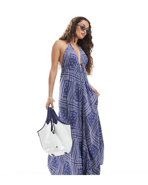 Miss Selfridge Blue Halter Neck Spun Maxi Dress