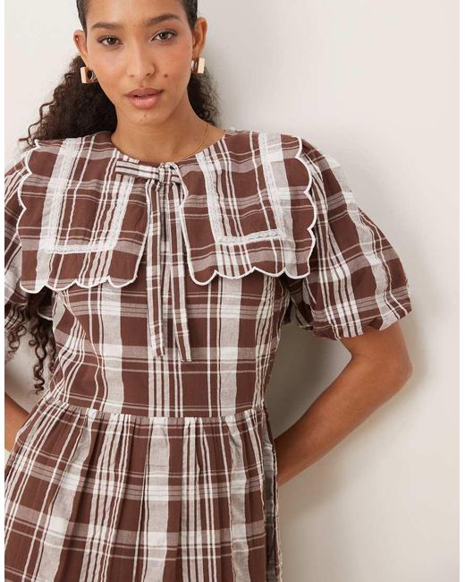 Neon Rose Natural Collar Detail Check Print Midaxi Dress