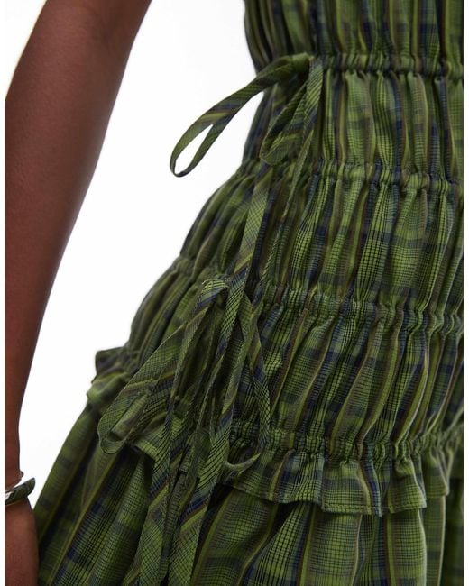 TOPSHOP Green Cap Sleeve Shirred Dress With Tie Sides