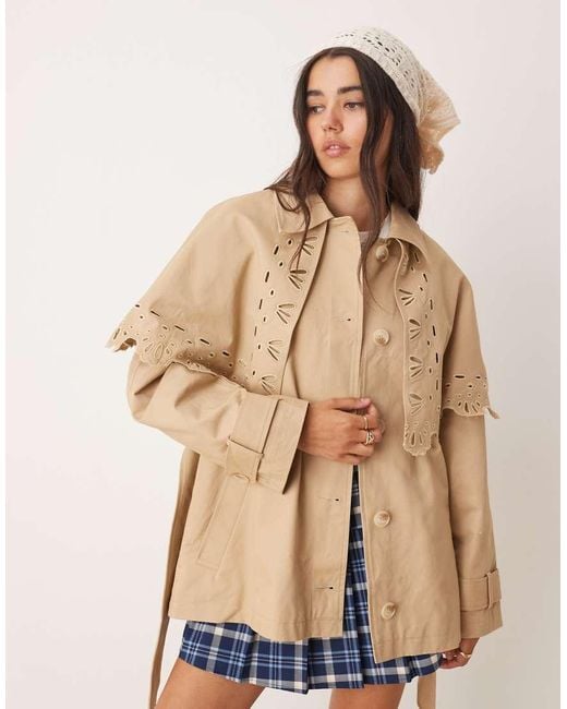 Miss Selfridge Natural Broderie Detail Cape Crop Trench