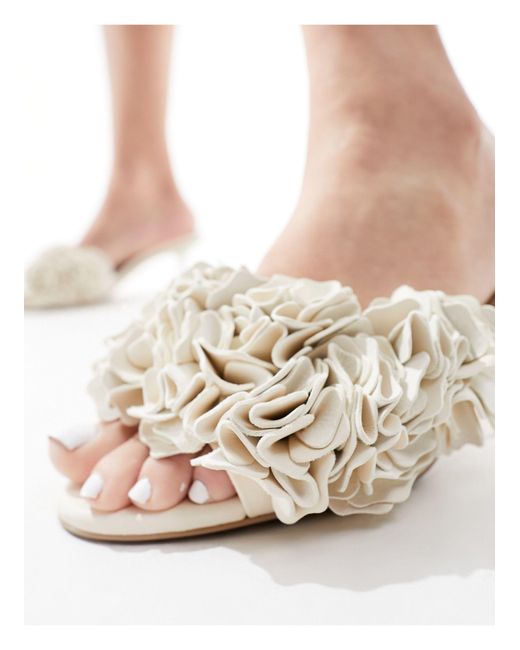 & Other Stories White Leather Heeled Mules With Layered Flower Detail