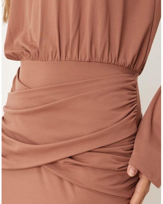 ASOS Natural Long Sleeve Ruched Wrap Waist Maxi Dress