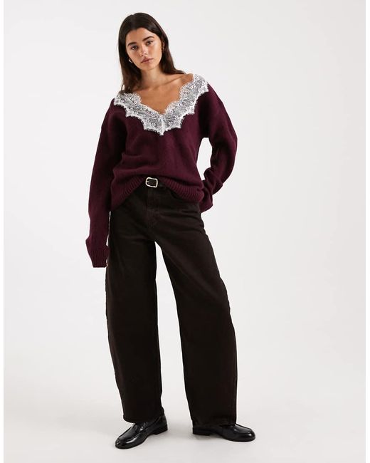 ASOS Purple Knitted V Neck Jumper With Lace Trim
