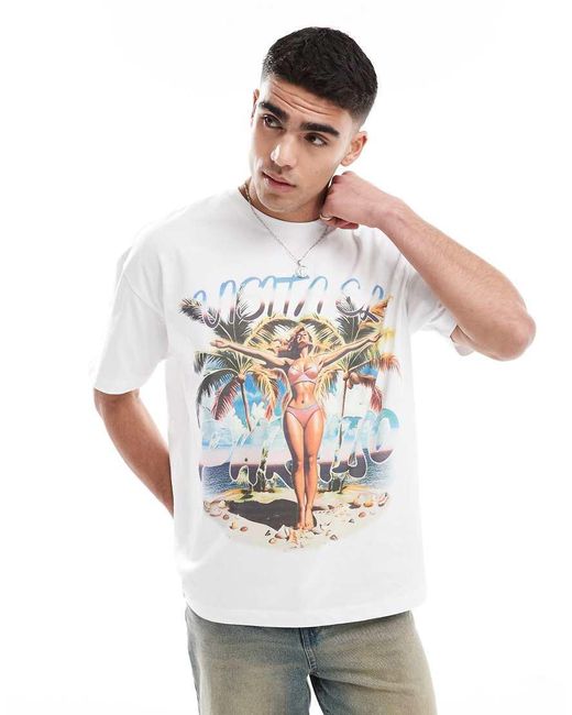 Camiseta Blanca Extragrande Con Estampado Gráfico Veraniego De ASOS de hombre de color White