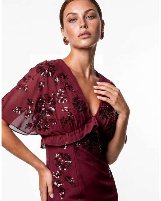 Maya Red Floral Embellished Cape Sleeve Midaxi Dress