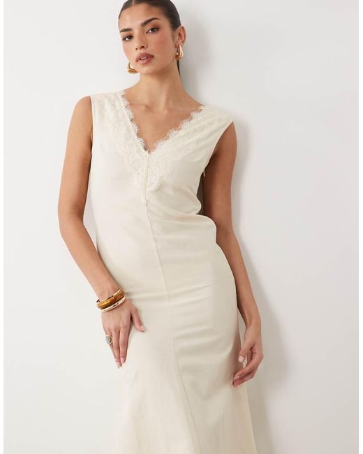 ASOS Natural Lace Applique Linen Look Midi Dress