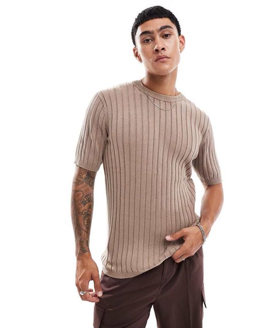 ASOS Natural Muscle Fit Washed Knitted T-Shirt for men