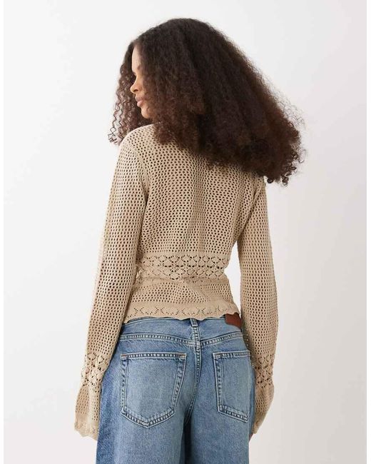 Brave Soul Brown Tie Front Crochet Knit Cardigan With Flared Sleeves