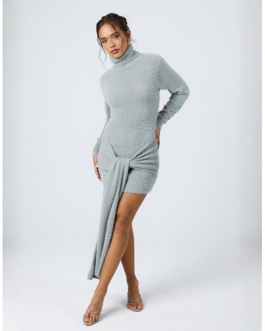 Aria Cove Gray Fluffy Knit Turtle Neck Knot Front Drape Detail Mini Dress