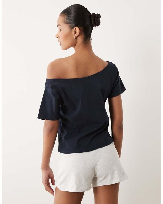Cotton On Blue Sporty Off Shoulder Graphic Tee