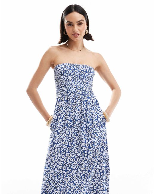 Threadbare Blue Bandeau Midi Dress With Shirred Bust