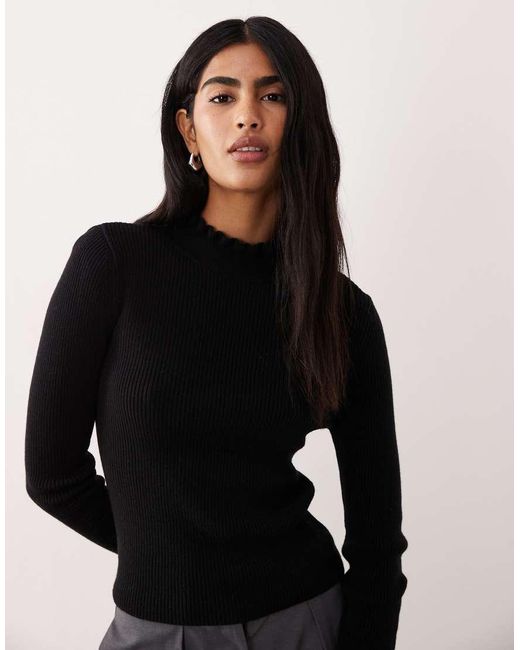 Mango Black Wool Mix High Neck Frill Edge Knitted Top