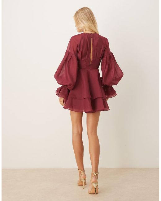 ASOS Red Organza Pleated Mini Dress With Blouson Sleeve And Cuff Detail