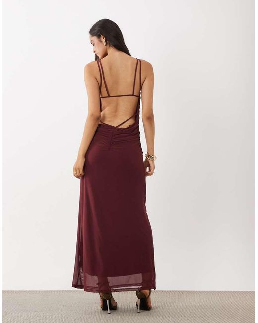 ASOS Brown Printed Mesh Slash Neck Gathered Detail Maxi Dress