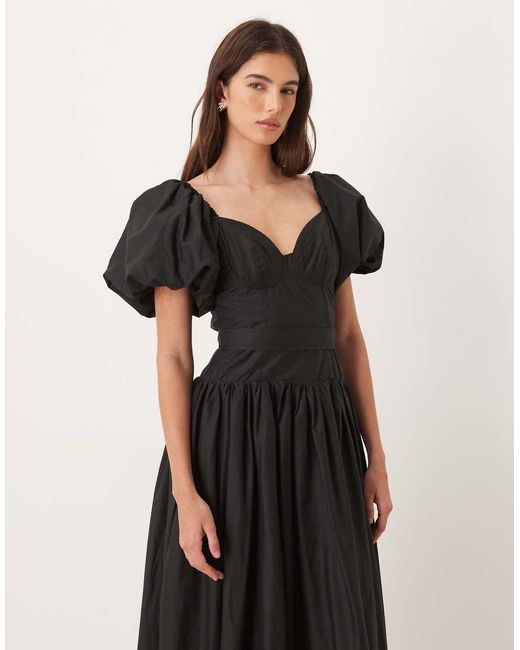Sister Jane Black Dream Bright Intentions Cotton Blend Puff Sleeve Midi Dress