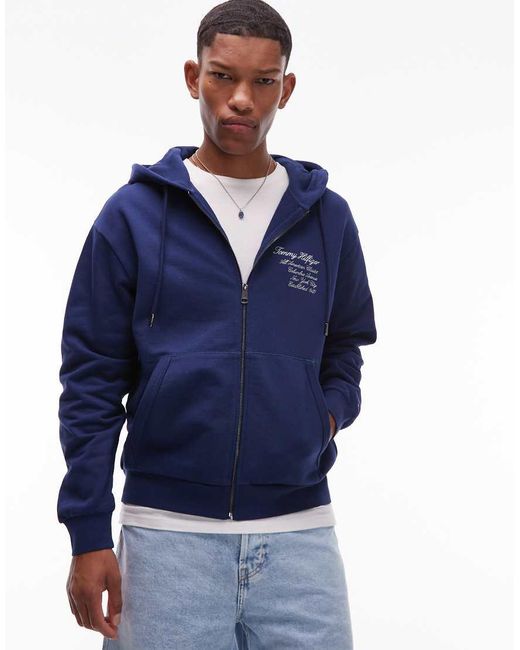Sudadera Azul Marino Con Capucha, Cremallera Y Logo De Tommy Hilfiger de hombre de color Blue