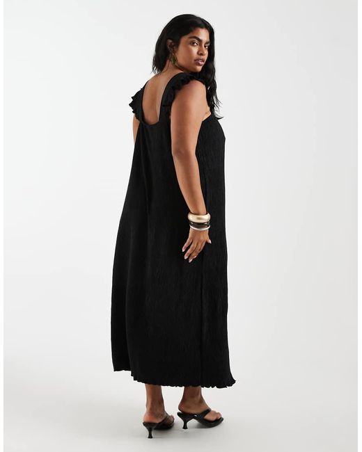 Pieces Plus Black Pieces Curve Plisse Maxi Dress With Frill Sleeves