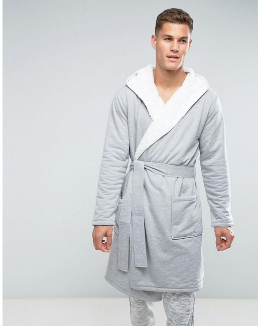 ASOS Gray Dressing Gown With Borg Lining In Grey for men