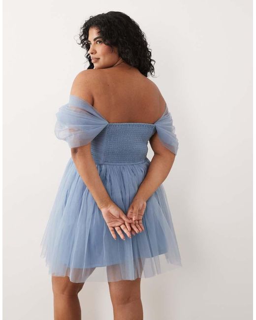 Lace & Beads Plus Blue Off Shoulder Tulle Mini Dress