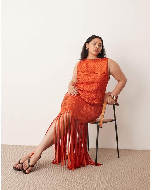 ARRANGE Orange Curve Lattice Handwoven Fringe Hem Midi Dress