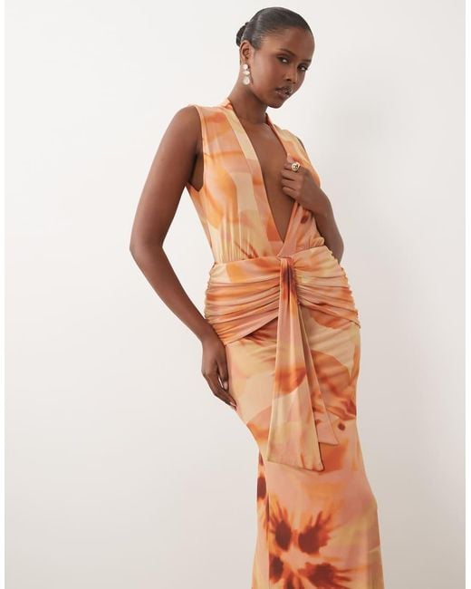 ASOS White Printed Mesh Deep Plunge Maxi Dress