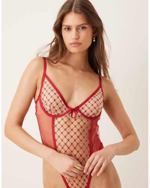 For Love & Lemons Red Scarlet Mesh Plunge Neck Cut Out Back Bodysuit