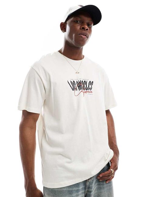 T-Shirt Oversize Color Panna Con Stampa Di Los Angeles di Jack & Jones in White da Uomo
