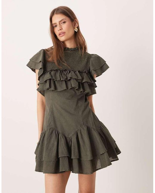 ASOS Natural High Neck Ruffle Mini Dress With Shirring