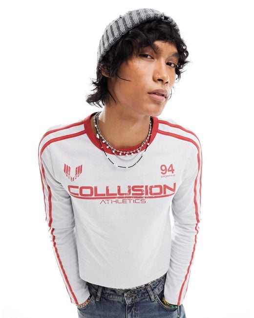 T-shirt a maniche lunghe slim stile calcio color con logo "athletics" di Collusion in White da Uomo