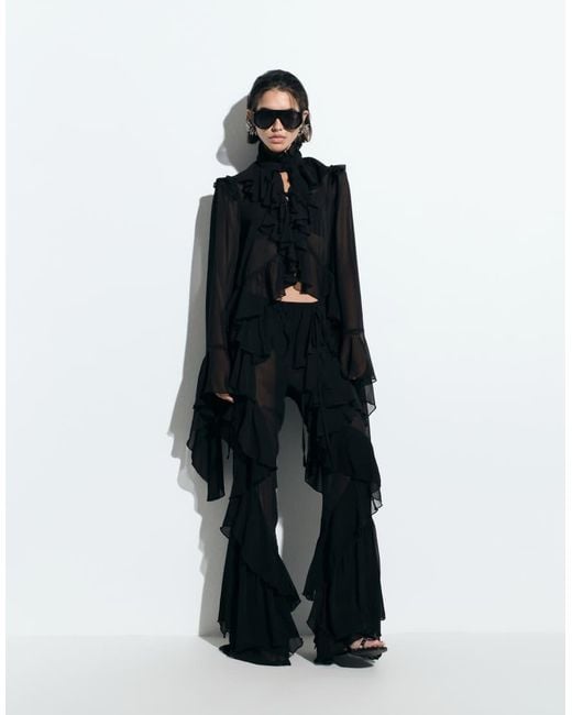 Noughts & Kisses Black Chiffon Extreme Ruffle Detail Wide Leg Pants