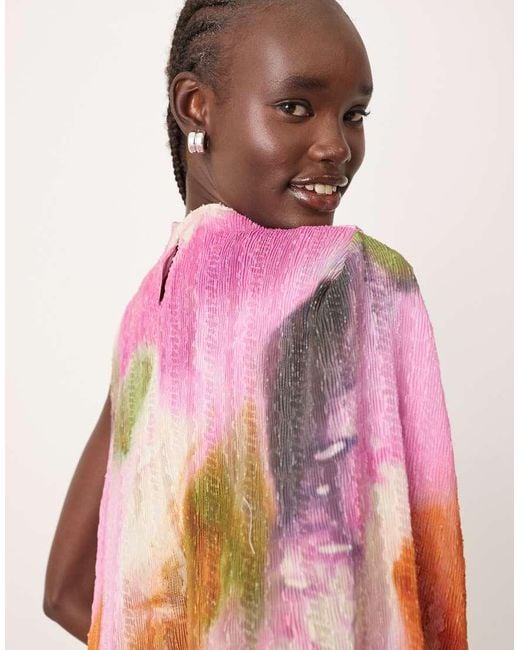 Vestito Midi Trasparente Accollato Plissé Con Stampa Acquerello E Drappeggio di ARRANGE in Pink