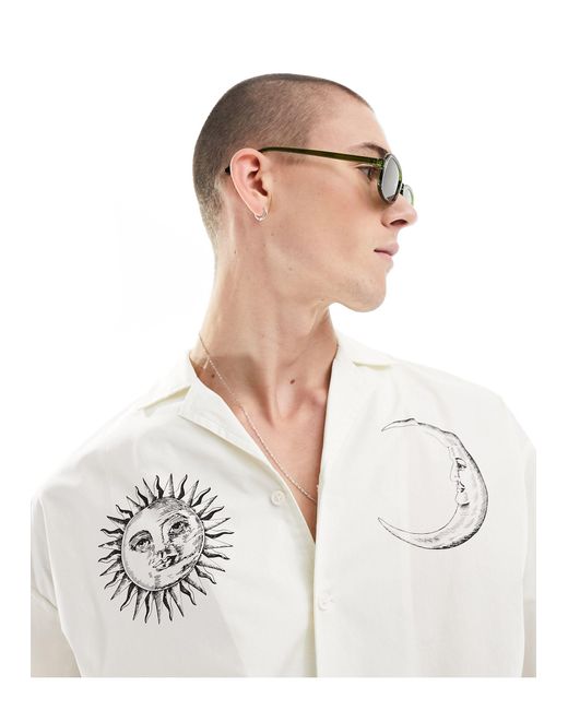 ADPT White Oversized Revere Collar Shirt With Sun And Moon Placement Print for men