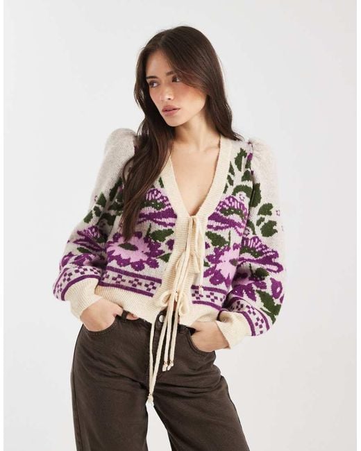 Miss Selfridge Multicolor Puff Sleeve Floral Tie Front Cardigan