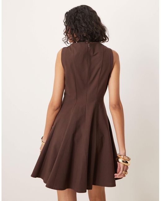 ASOS Natural Linen Blend Slash Neck Seamed Fit And Flare Mini Dress