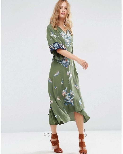 ASOS Green Embroidered Kimono Wrap Midi Dress