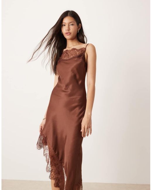 ASOS Natural Cami Lace Detail Asymmetric Satin Mini Dress