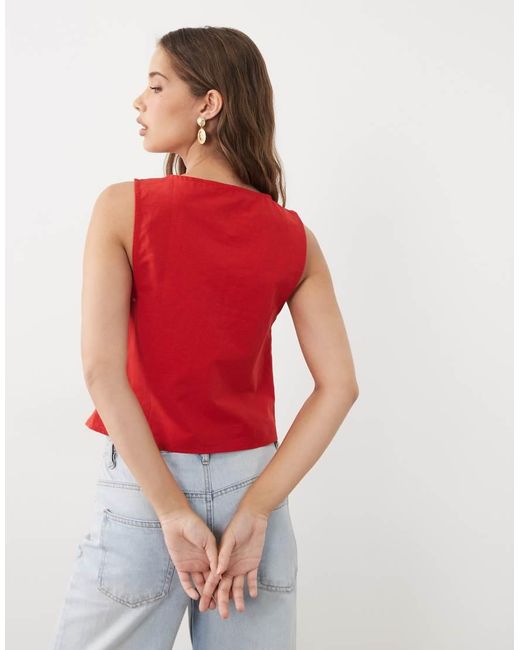 Miss Selfridge Red Linen Blend Tie Front Top