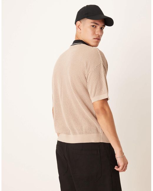 ASOS Natural Relaxed Airtex Knitted Button Through Polo With Contrast Collar for men