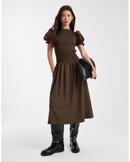 Daisy Street Brown Puff Sleeve Drop Waist Maxi Dress