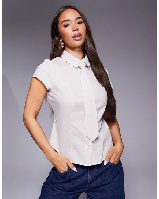 ASOS Gray Cinched Cap Sleeve Shirt With Tie Detail