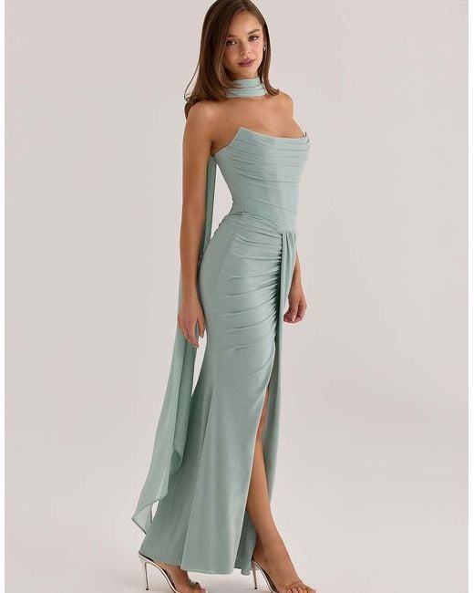 House Of Cb Blue Portia Jade Crepe Strapless Maxi Dress With Detachable Georgette Cape