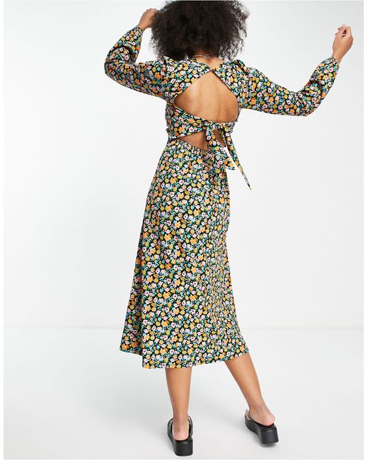ASOS Midi-jurk Met Open Achterkant, Lange Mouwen En Felgekleurde  Bloemenprint in het Groen | Lyst NL