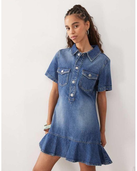 Monki Blue Denim Tunic Dress With Flippy Hem