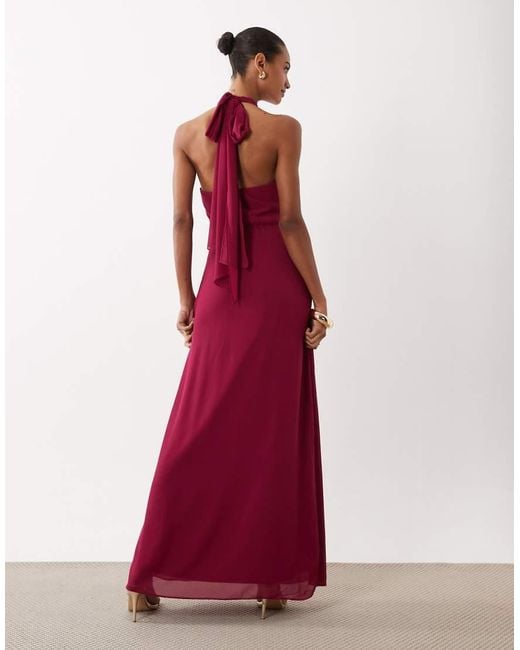 TFNC London Red Bridesmaid Chiffon Halter Neck Drape Maxi Dress
