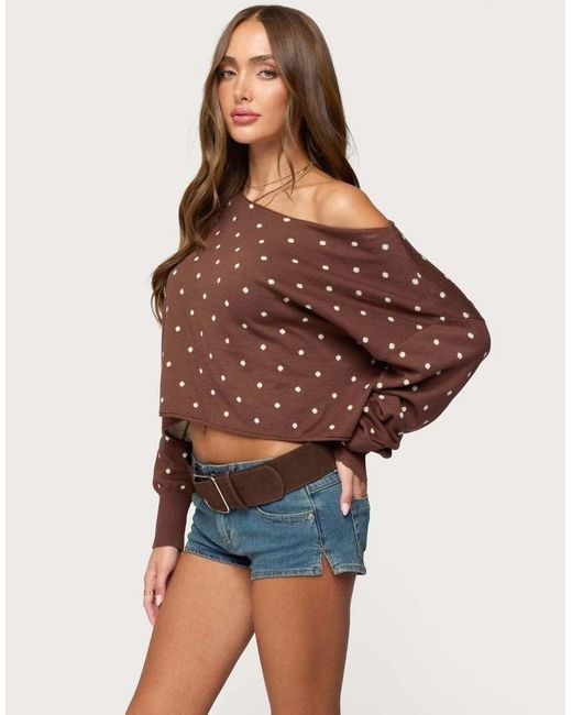 Edikted Brown Oversized Off Shoulder Polka Dot Sweater