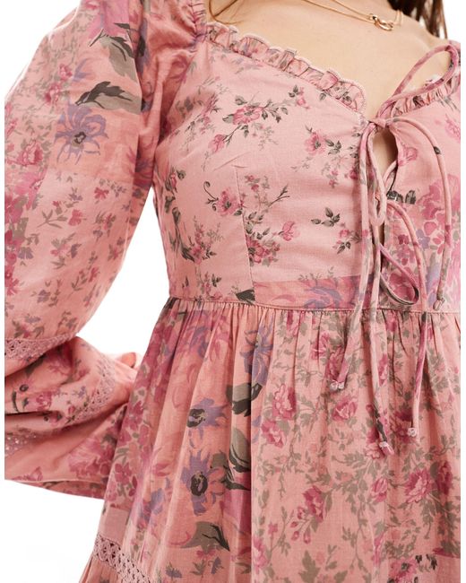 Miss Selfridge Pink – gestuftes mini-westernkleid aus baumwolle mit spitzeneinsatz und patchwork-blumenmuster