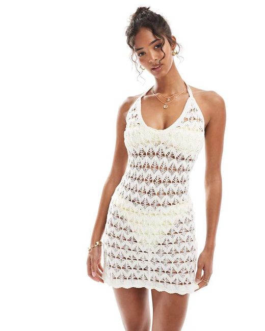 Miss Selfridge White Open Crochet Halterneck Mini Dress