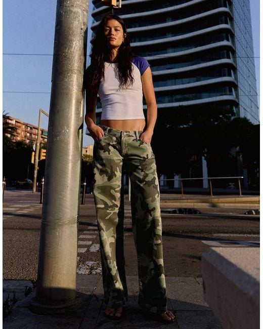 Bershka Black Printed Straight-leg Trousers